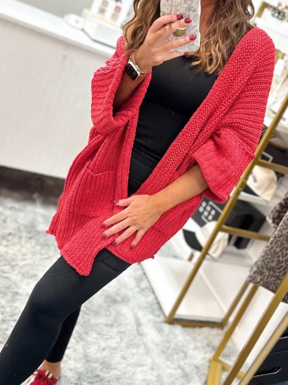 POL Open-Front Chunky Cardigan Sweater - Red